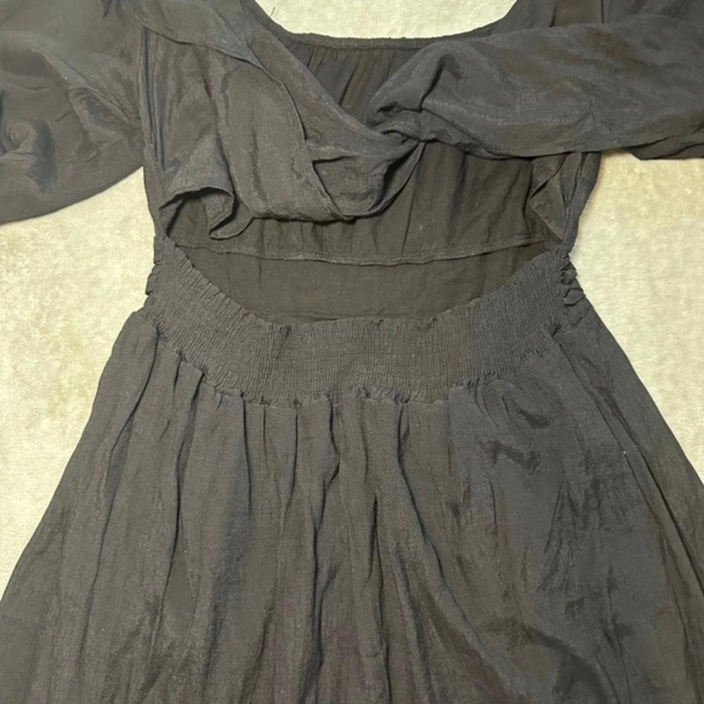 Cottagecore Dress Size L Black Puff Sleeve Whimsigoth Peasant Prairie Tie Back - Picture 4 of 10